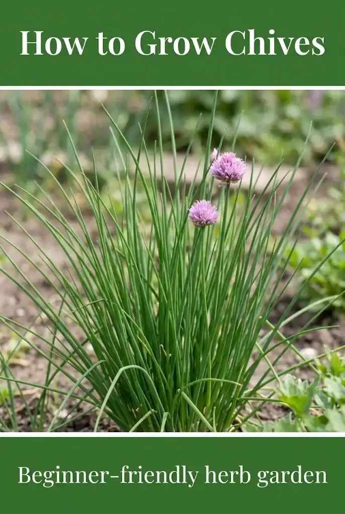Pinterest graphic for how to grow chives with leaf-green color block bands
