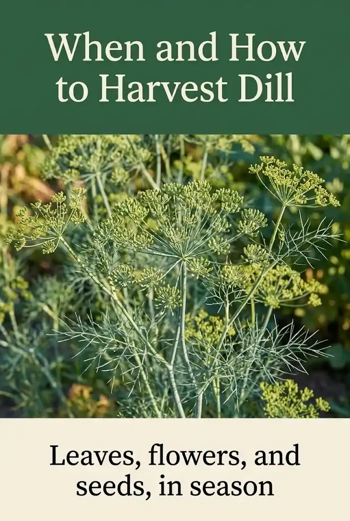 Pinterest graphic titled When and How to Harvest Dill with a hero photo of mature dill between a deep-green header band and a cream footer band