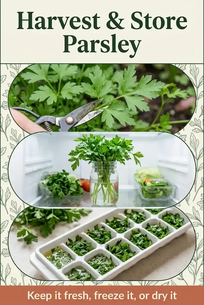 Three-panel graphic showing parsley being harvested, refrigerated in a jar, and frozen in portions, titled Harvest and Store Parsley