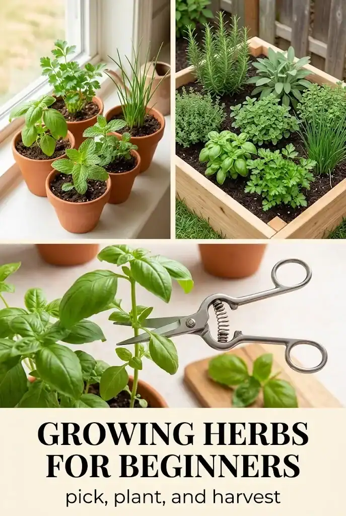 Vertical Pinterest pin with a two-row photo collage of herb pots, a raised bed, and a basil harvest, headlined