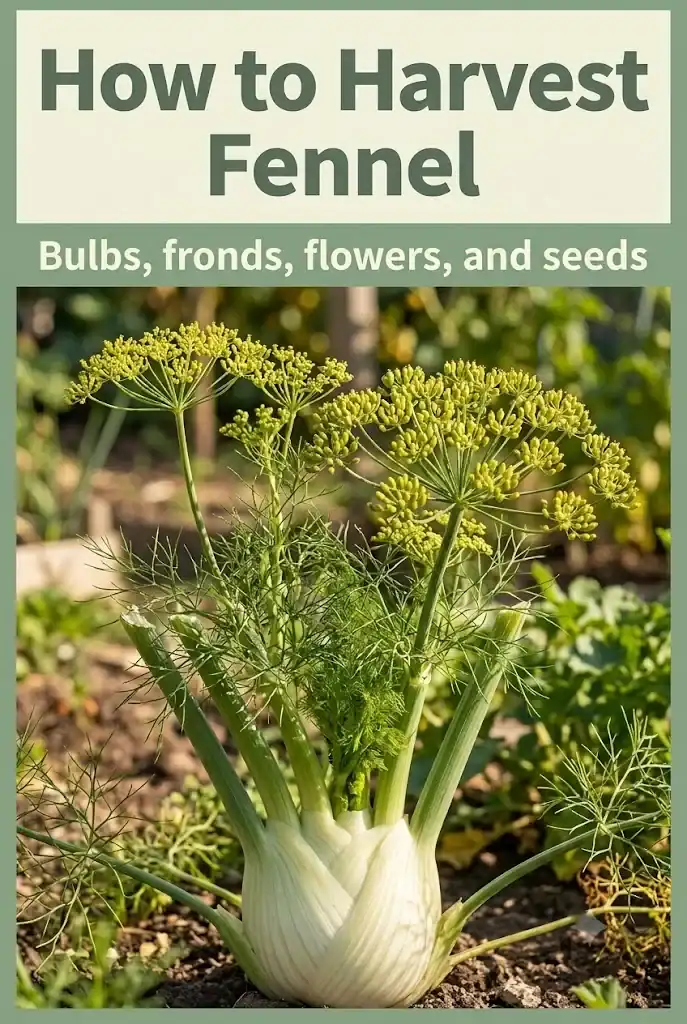 Pinterest graphic on how to harvest fennel, showing the bulb, fronds, flowers and seeds