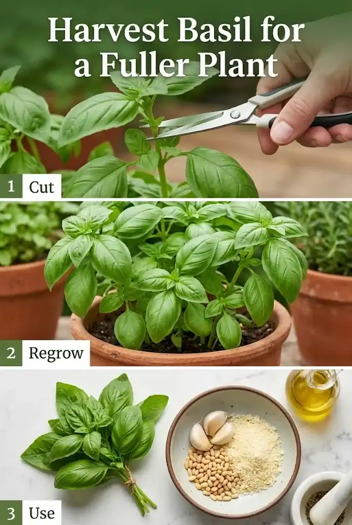 Pinterest graphic showing basil cutting, regrowth, and fresh harvested stems