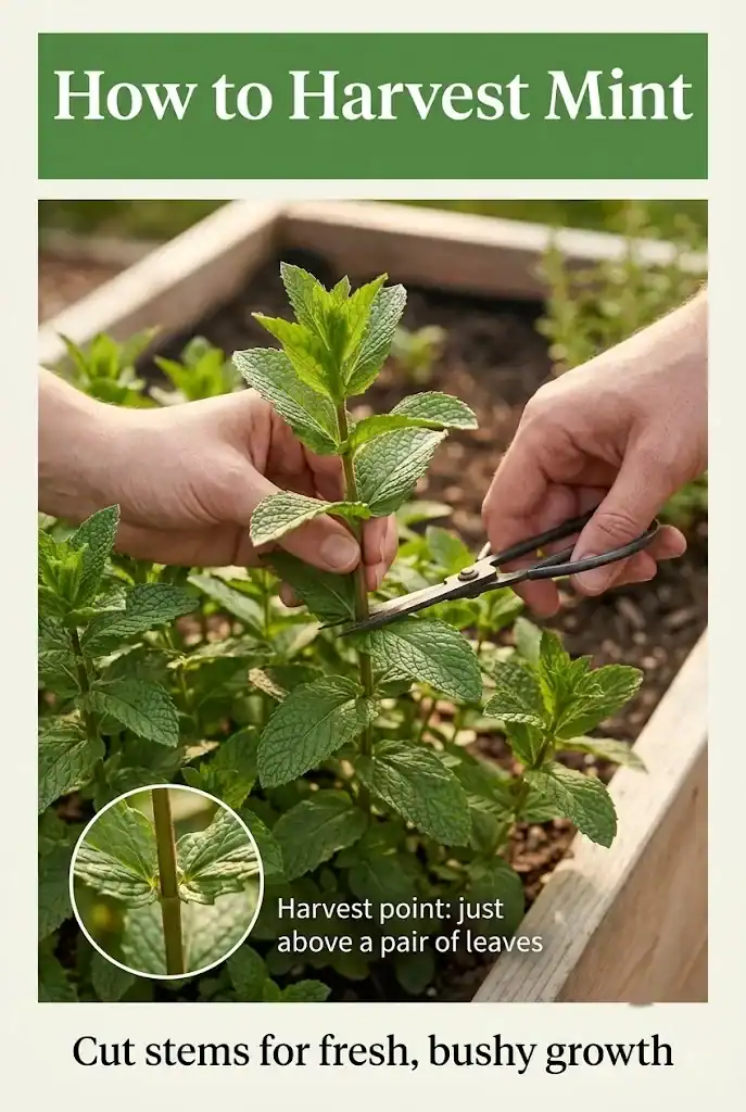 How to Harvest Mint graphic showing scissors cutting a mint stem in a raised bed, with an inset marking the harvest point just above a pair of leaves