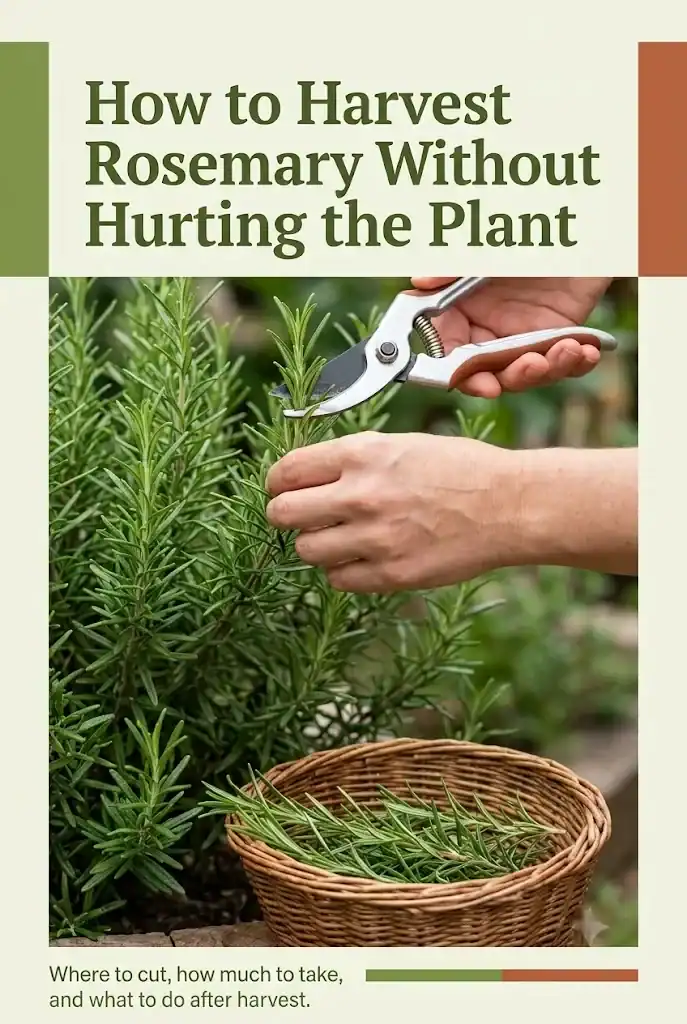 Pinterest graphic reading How to Harvest Rosemary Without Hurting the Plant, with the line Where to cut, how much to take, and what to do after harvest