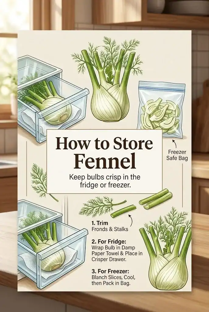 Pinterest graphic explaining how to store fennel in the fridge or freezer