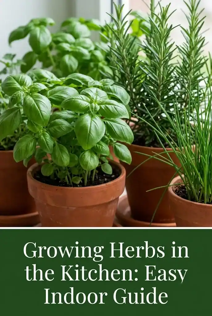Pinterest graphic titled How to Grow Herbs in the Kitchen with tips for indoor gardening