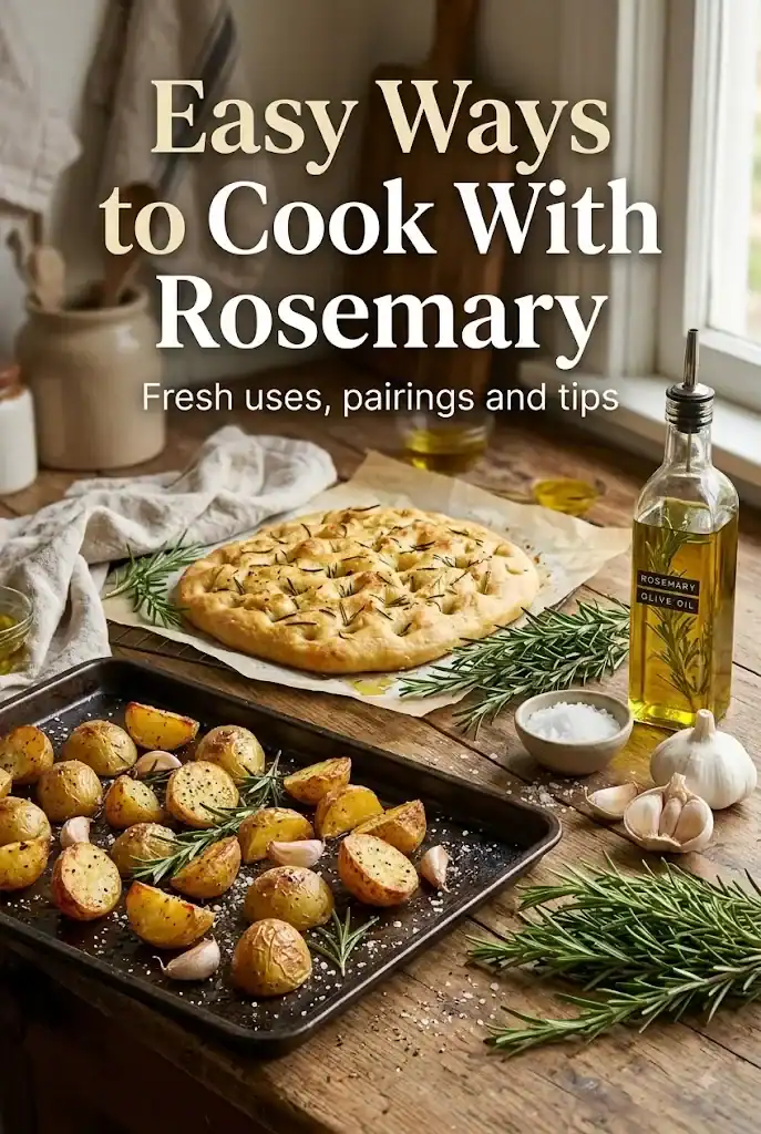 Pinterest graphic showing rosemary, roasted potatoes, garlic, and the text Easy Ways to Cook With Rosemary