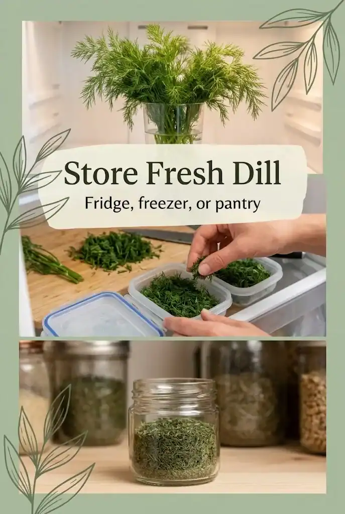 Pinterest graphic showing refrigerator, freezer, and pantry dill storage methods
