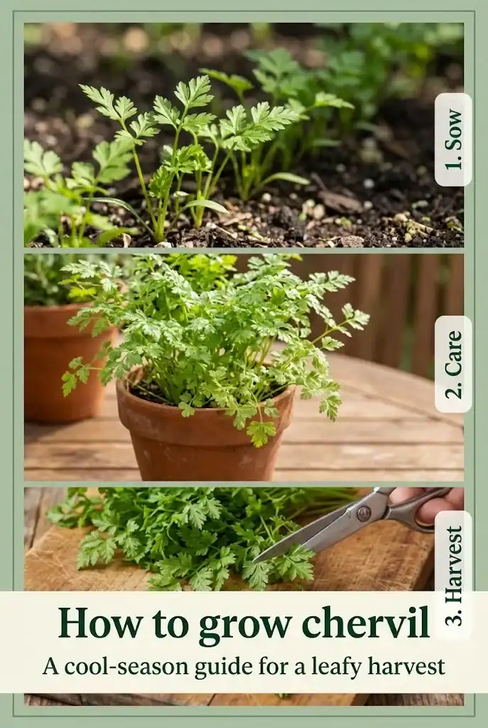 Pinterest graphic titled How to grow chervil with three numbered steps for sow, care, and harvest