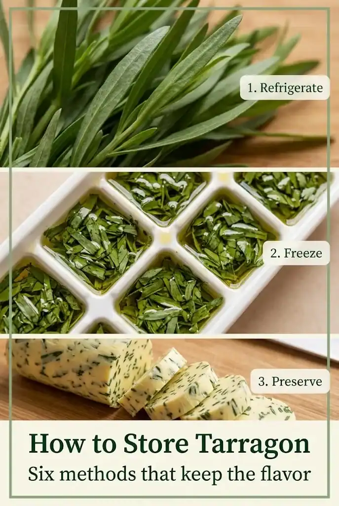 Pinterest graphic showing three tarragon storage methods with the title How to Store Tarragon: Six methods that keep the flavor
