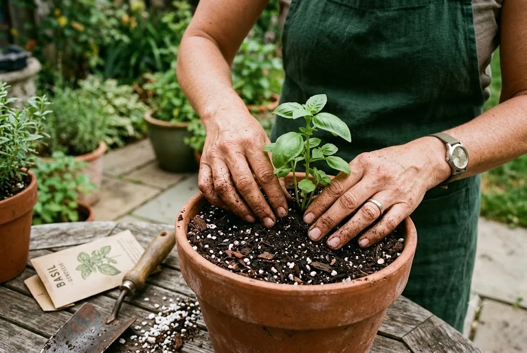 Basil plant set at nursery depth in fresh potting mix inside a terracotta planter