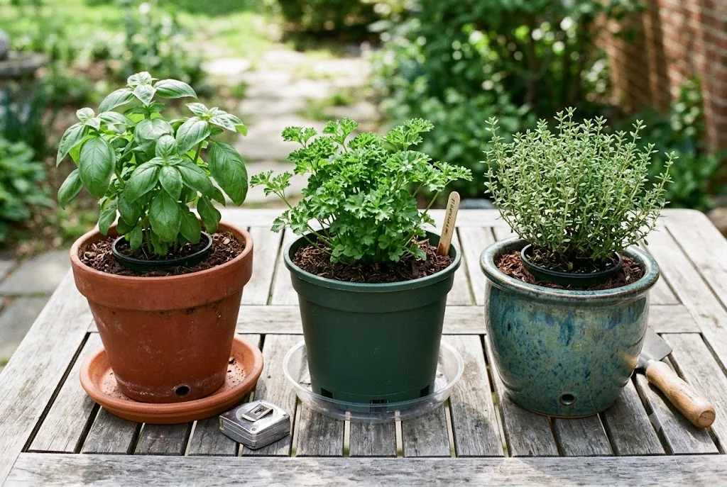 Herb planters with drainage holes and saucers beside healthy herbs