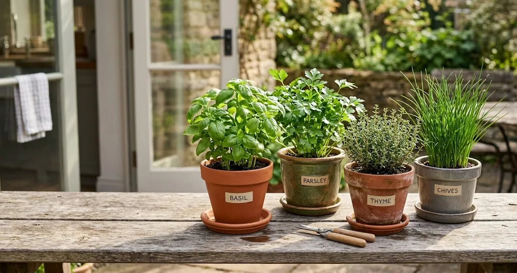 Potted basil, parsley, thyme, and chives growing on a sunny kitchen patio