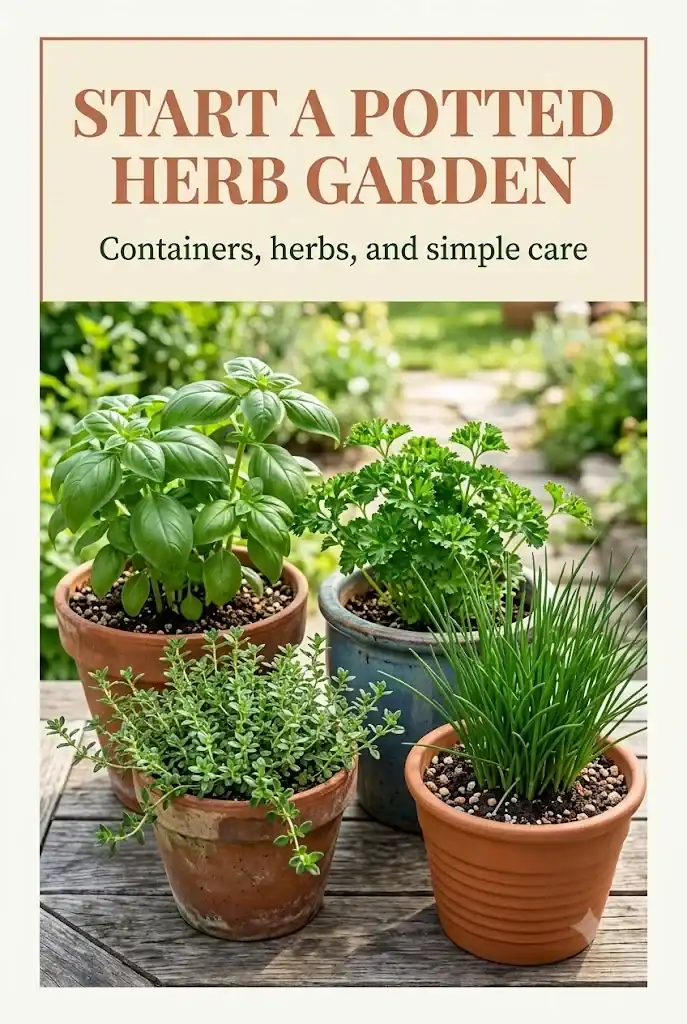 Pinterest graphic titled Start a Potted Herb Garden with healthy herbs in patio containers