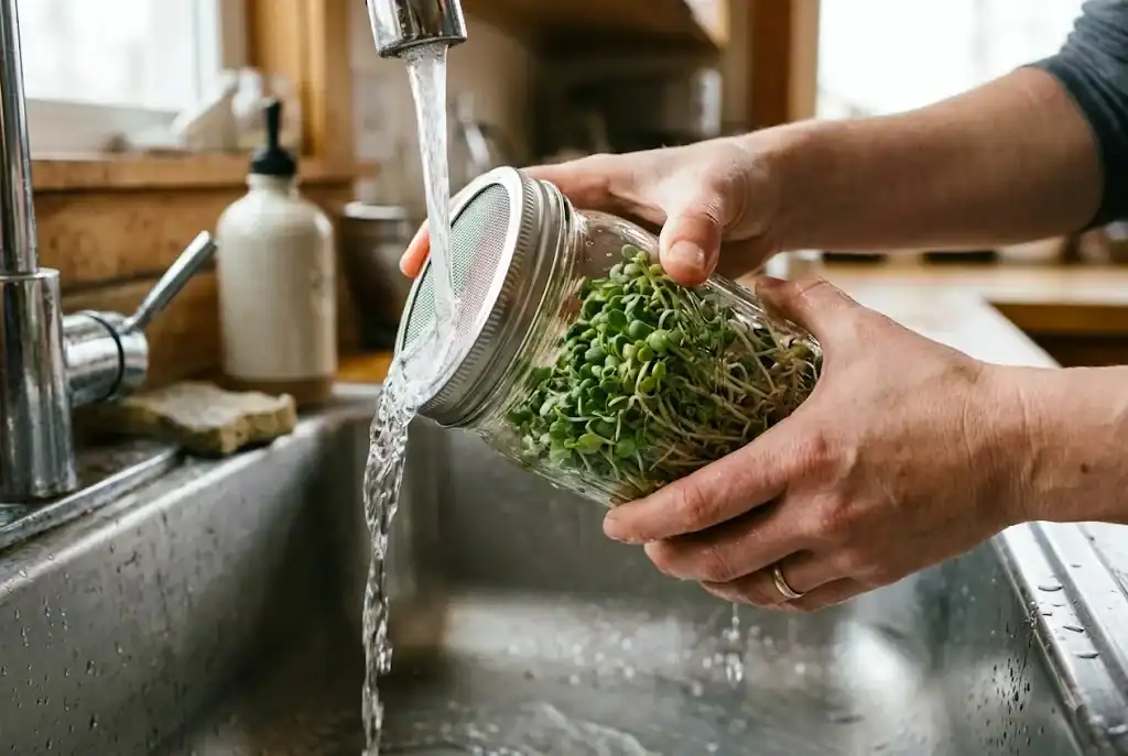 Hands rinsing broccoli sprouts in a glass sprouting jar over a kitchen sink