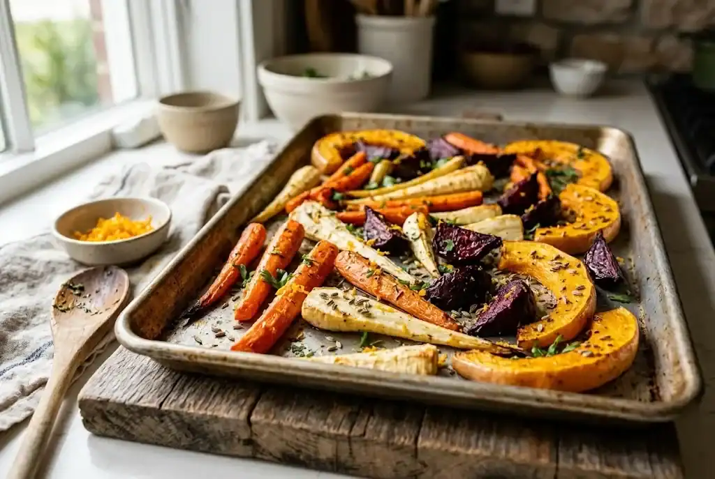 Roasted carrots, parsnips, beets, and squash seasoned with crushed anise and orange zest