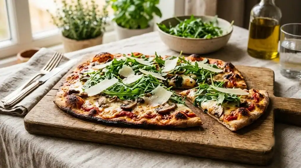 Crisp mushroom pizza topped with fresh rocket and shaved hard cheese