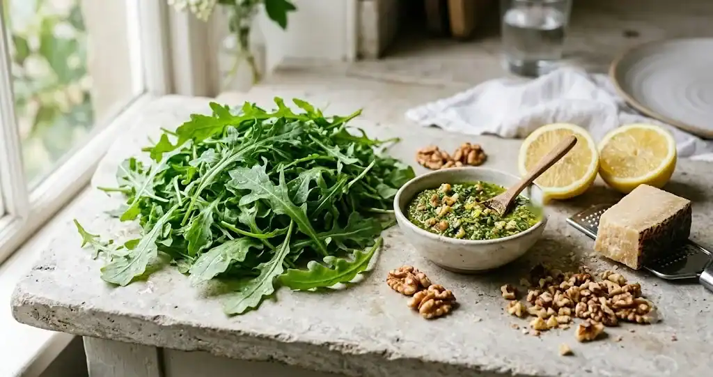 Fresh rocket leaves with lemon, Parmesan, and toasted walnuts arranged for easy recipes