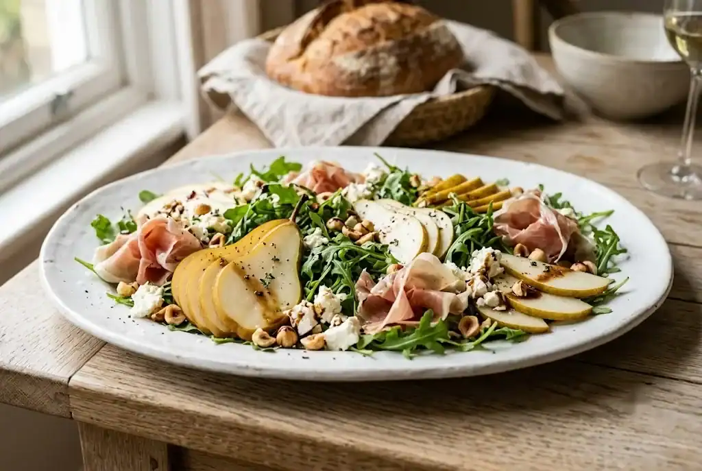 Pear, prosciutto, toasted hazelnut, and rocket salad on a wide white platter
