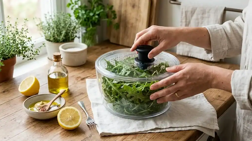 Hands drying fresh rocket leaves in a salad spinner beside a clean kitchen towel