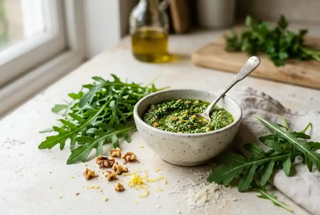 Homemade walnut and lemon green sauce in a small bowl with a spoon and fresh rocket leaves