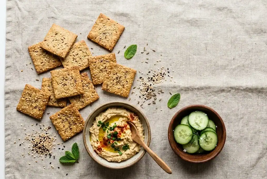 Thin baked sesame and anise seed crackers cut into squares, served with cheese and cucumber