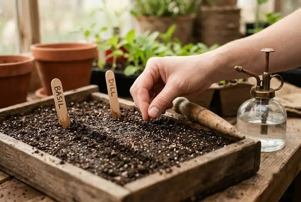 Fingers pressing fine herb seeds into a wooden seed tray labeled basil and dill, with a glass misting bottle alongside