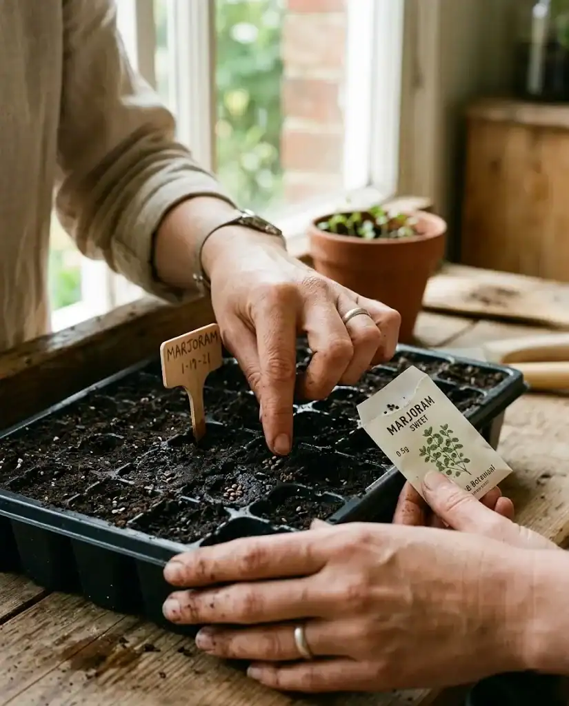 Gardener sowing tiny sweet marjoram seeds in moist seed-starting mix