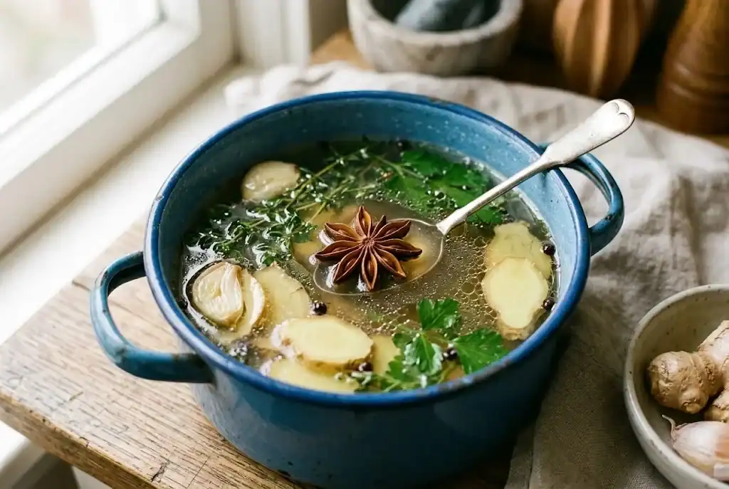 A star anise pod infusing broth with ginger and garlic in a small enamel pot