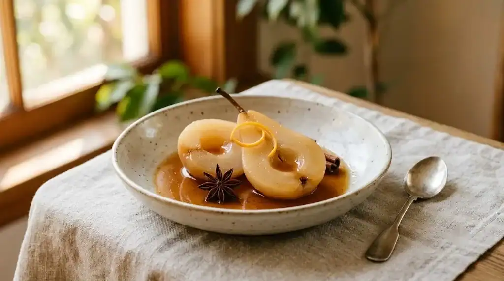 Poached pear halves in a cinnamon and star anise syrup, spooned over with cream