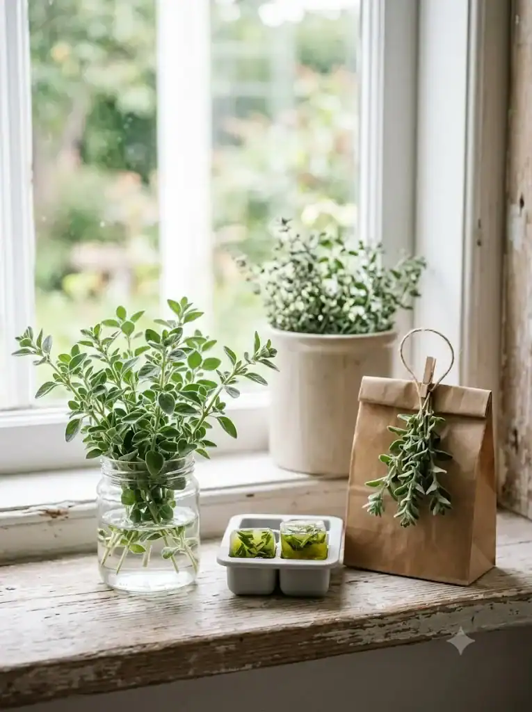 Bunches of fresh marjoram hung to air dry beside chopped leaves frozen in an ice cube tray