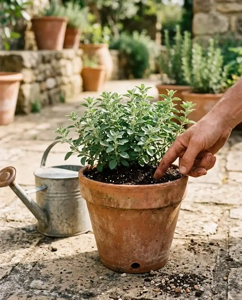 Sweet marjoram in a terracotta pot as a gardener checks the potting mix