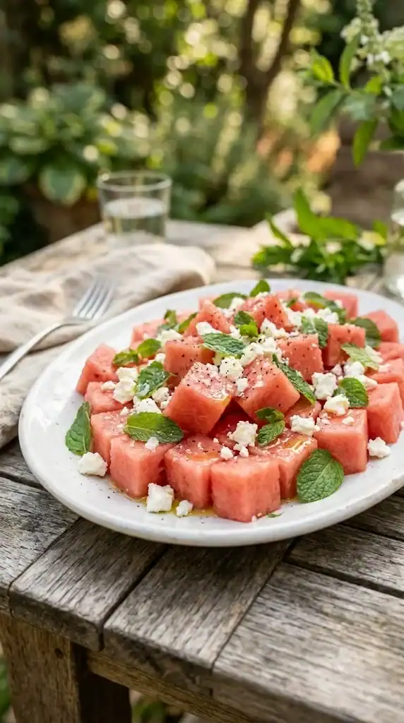 A white platter of cubed watermelon scattered with crumbled feta and torn mint leaves, drizzled with olive oil, on a weathered outdoor table