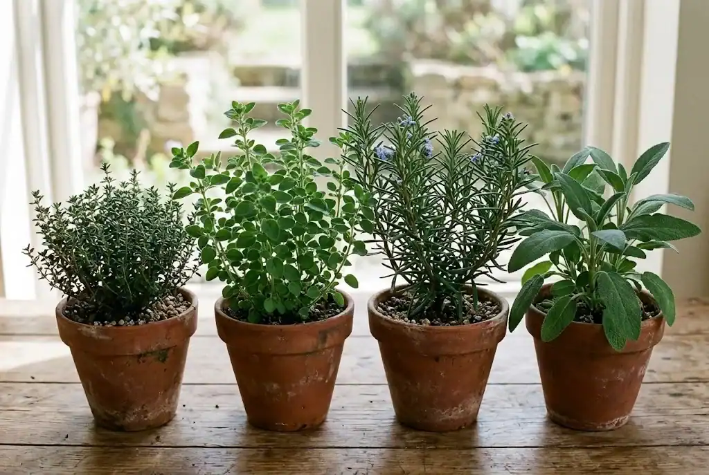 Potted thyme, rosemary, oregano, and sage growing on a sunny windowsill