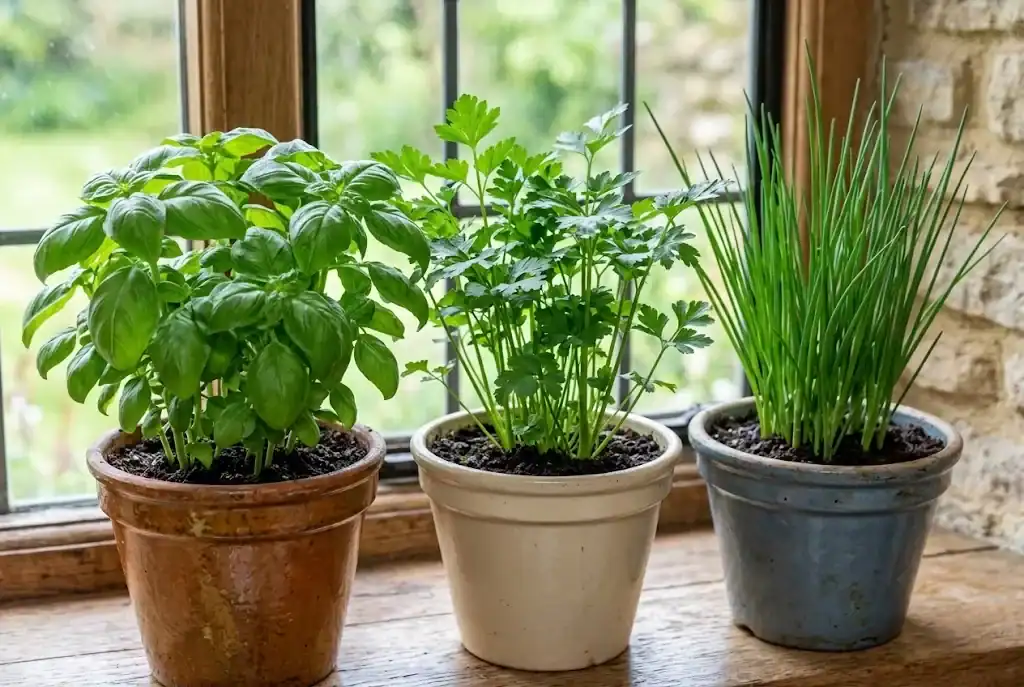Lush potted sweet basil, flat-leaf parsley, and chives on a kitchen counter