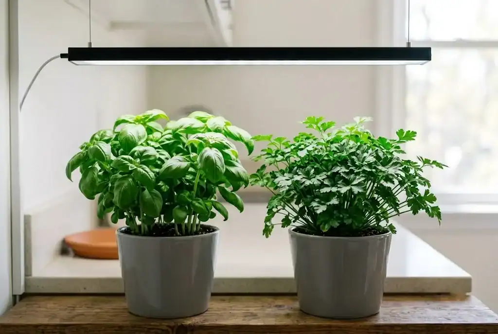 Full-spectrum LED grow light positioned above indoor container herbs