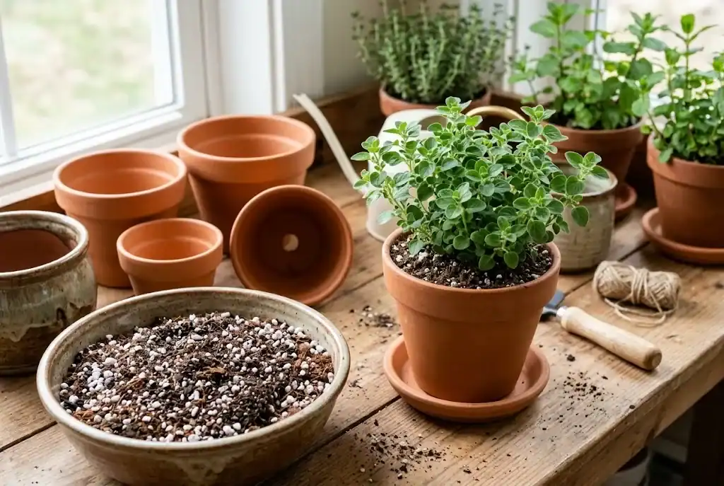 Terracotta herb planters with airy organic potting mix and drainage saucers