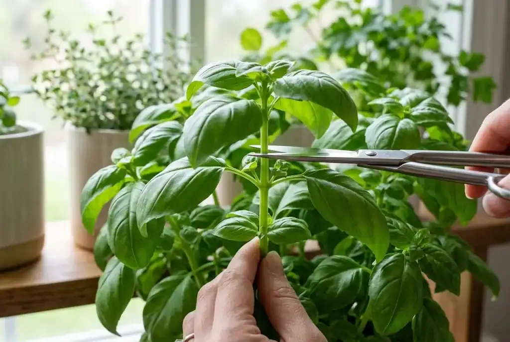Gardener pinching fresh basil stems above leaf nodes with sharp herb shears