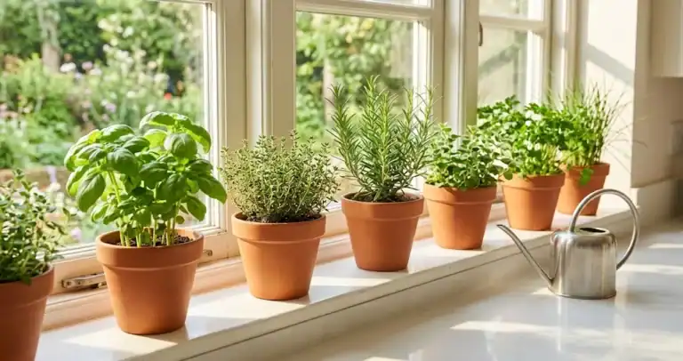 A bright kitchen windowsill herb garden with potted basil, rosemary, and thyme in terracotta pots