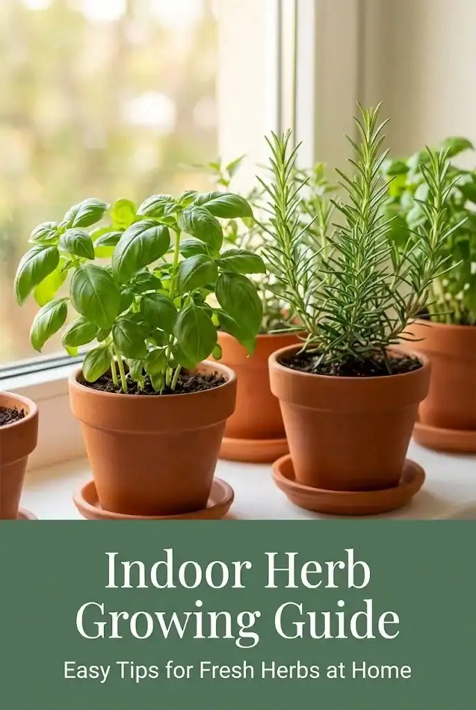 Pinterest graphic titled Indoor Herb Growing Guide with care tips and windowsill herbs