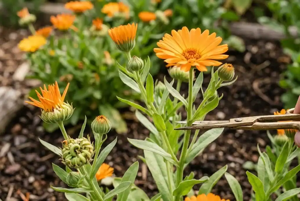 Brass garden snips cutting a calendula stem just above a leaf pair, several bright orange blooms in view
