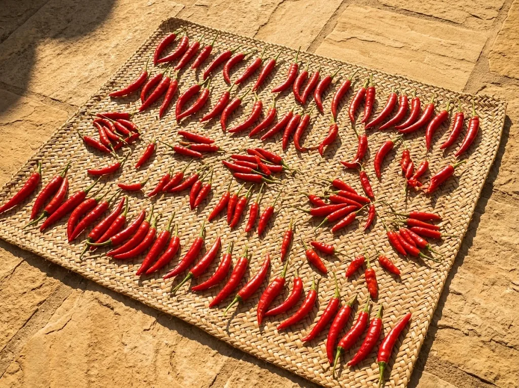Ripe red cayenne and Thai bird's eye chili pods spread on a woven palm mat in strong sunlight for air drying