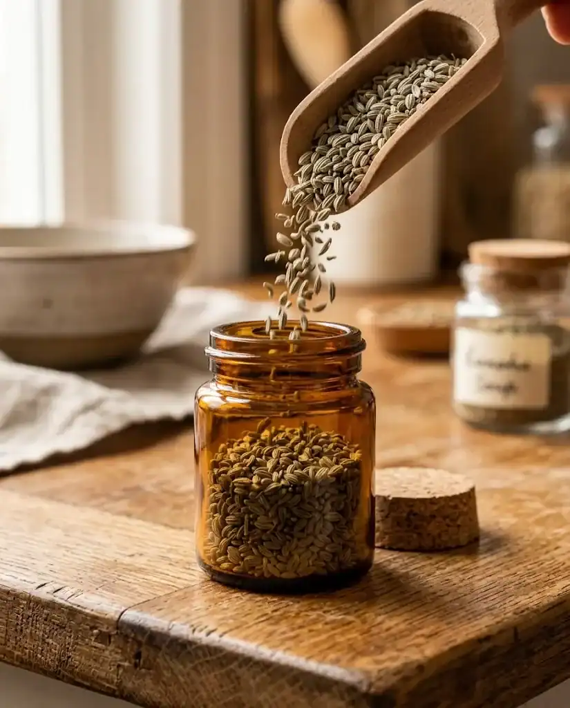 Culinary anise seeds being poured into an amber airtight spice jar