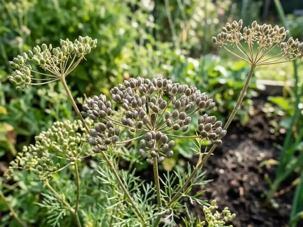 Close-up of ribbed anise seeds on an umbrella-shaped umbel turning from green to brown