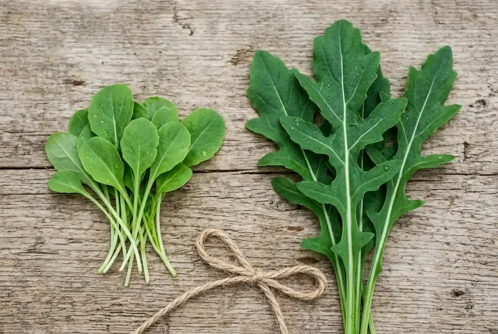 Close-up comparison of tender young baby rocket leaves and mature serrated foliage on a wooden bench