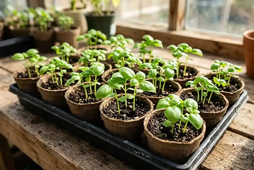Young sweet basil seedlings in starter pots showing their first sets of true leaves