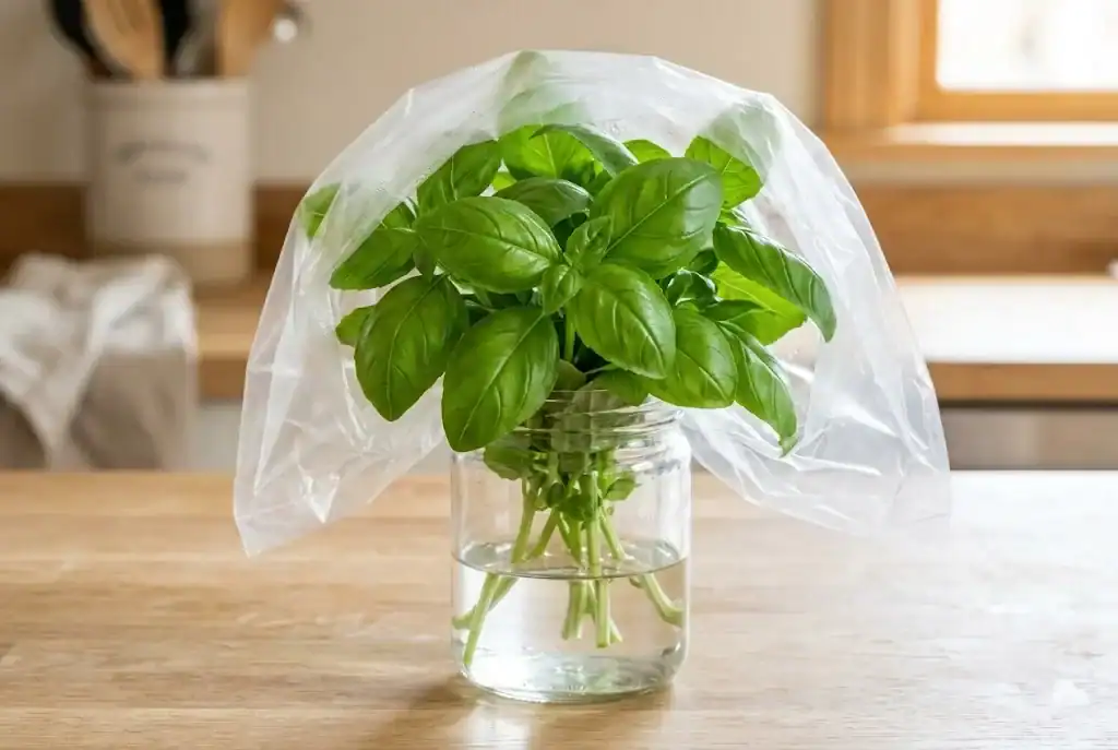 Close-up of fresh basil stems placed in a jar of water and loosely tented with a plastic produce bag