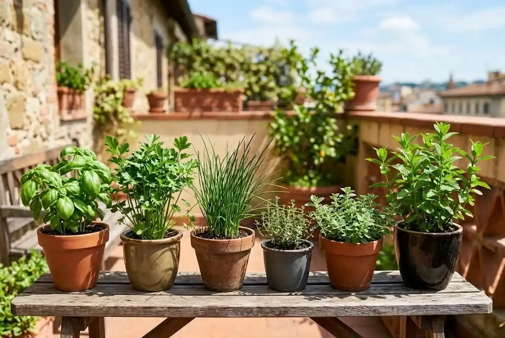 Basil, parsley, chives, thyme, oregano, and mint growing in separate balcony pots