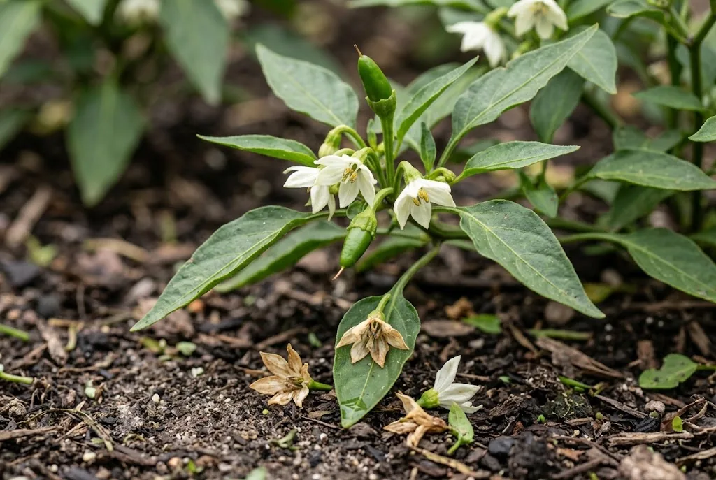 Close-up of a chili branch with open flowers above wilted dropped blooms caught on the soil below
