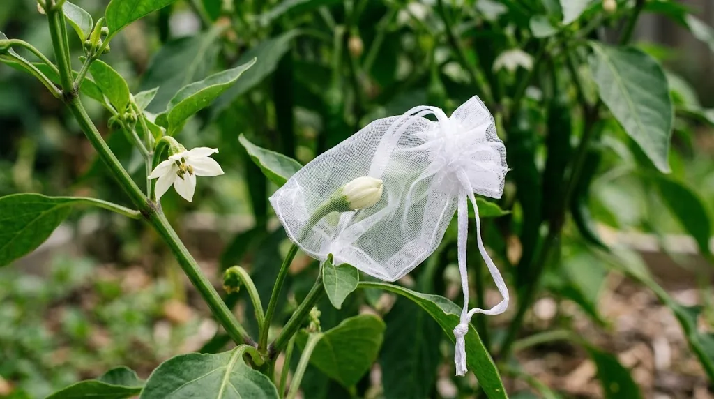 Unopened chili flower bud enclosed in a white organza drawstring isolation bag on a living plant to prevent cross-pollination